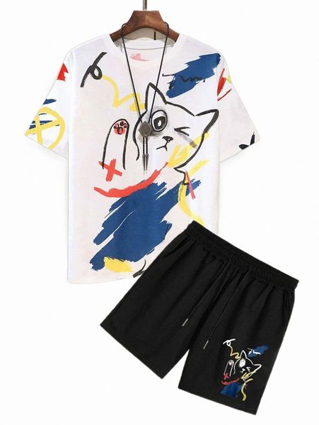 men cartoon graphic tee & track shorts v5fl#, Gray