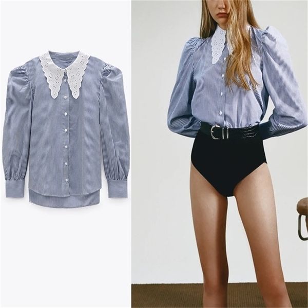 long sleeve striped blouse women chic embroidered eyelet puff shoulders shirt woman asymmetry office 210524, White
long sleeve striped blouse women chic embroidered eyelet puff shoulders shirt woman asymmetry office 210524, White