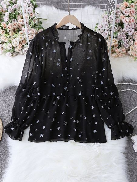 plus star print flounce sleeve blouse d4uk#, Black