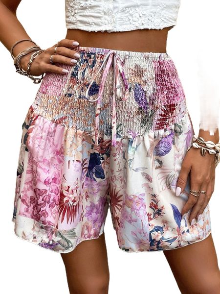 floral print shirred tie waist shorts q2xf#, White;black