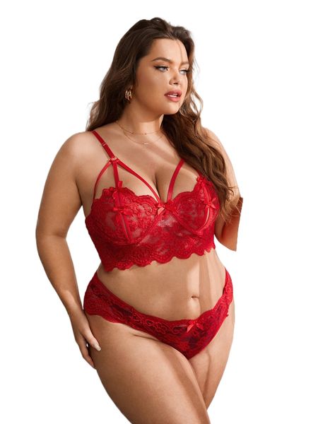 plus floral lace bow decor lingerie set m6zl#, Black;white