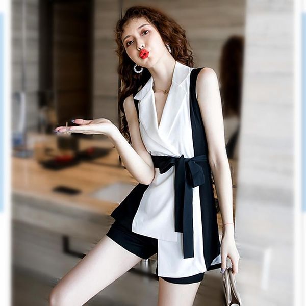 with sashes summer work office suits 2pcs set women spliced blazer blouses and short pants women tracksuit, White;black
with sashes summer work office suits 2pcs set women spliced blazer blouses and short pants women tracksuit, White;black