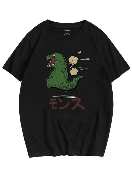 men japanese letter & dinosaur print tee l8li#, White;black 
men japanese letter & dinosaur print tee l8li#, White;black