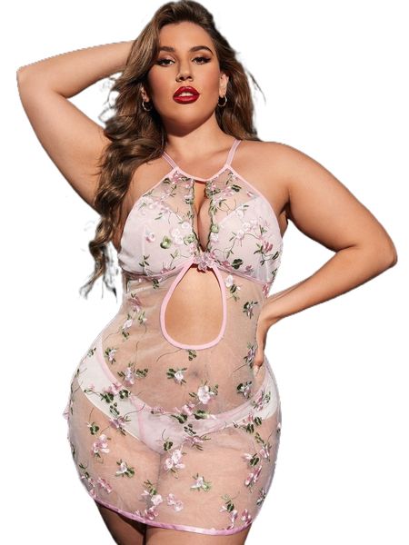 plus floral embroidery sheer dress with thong z7lb#, Black;white 
plus floral embroidery sheer dress with thong z7lb#, Black;white