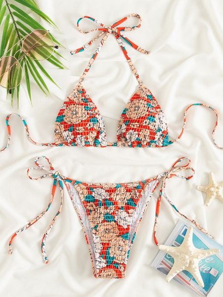 floral print smocked halter triangle bikini swimsuit 11vy#, White;black
floral print smocked halter triangle bikini swimsuit 11vy#, White;black