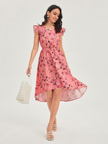 floral print ruffle trim dress 38zy#, Black;gray