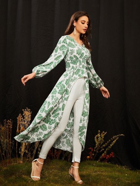 tropical print bishop sleeve longline blouse h8vc#, White 
tropical print bishop sleeve longline blouse h8vc#, White