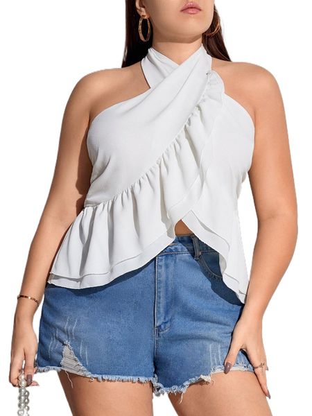 plus ruffle trim shirred tie back halter i0xu#, Black