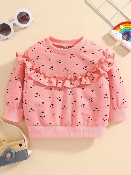 baby heart print ruffle trimed sweatshirt she, Black
