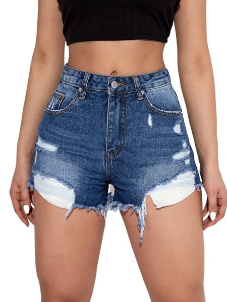 ripped raw hem denim shorts d12p#, White;black