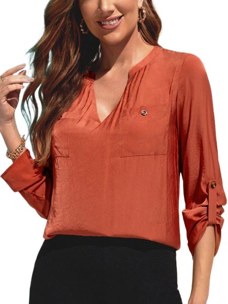 solid notched neck pocket patched blouse u5mx#, White 
solid notched neck pocket patched blouse u5mx#, White