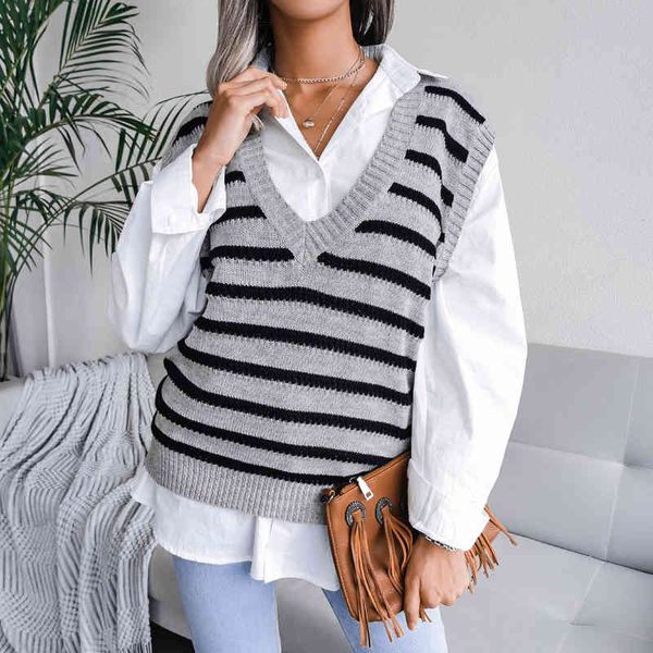 women's sweaters women striped sweater vest korean style sleeveless knitted v-neck sweaters elegant loose casual fashion pullover 2021, White;black
women's sweaters women striped sweater vest korean style sleeveless knitted v-neck sweaters elegant loose casual fashion pullover 2021, White;black