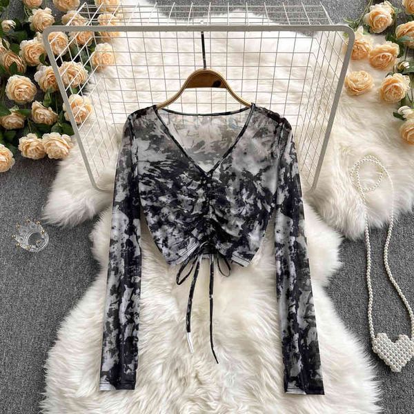 women's t-shirt short chic womanly v-neck fold tie dye long sleeve t-shirt ins trendy design vg8r, White
women's t-shirt short chic womanly v-neck fold tie dye long sleeve t-shirt ins trendy design vg8r, White