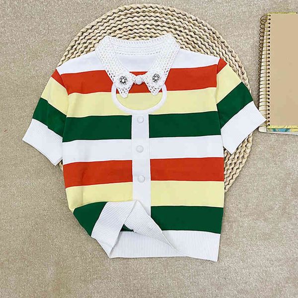 women's t-shirt spring and summer stripe contrast round neck nail bead hollowed out single breasted short sleeved sweater blouse women, White
women's t-shirt spring and summer stripe contrast round neck nail bead hollowed out single breasted short sleeved sweater blouse women, White