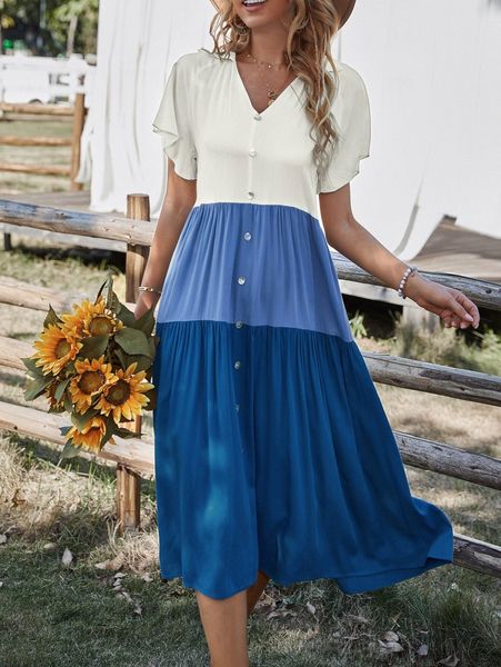 colorblock butterfly sleeve button detail dress i0og#, Black;gray
colorblock butterfly sleeve button detail dress i0og#, Black;gray