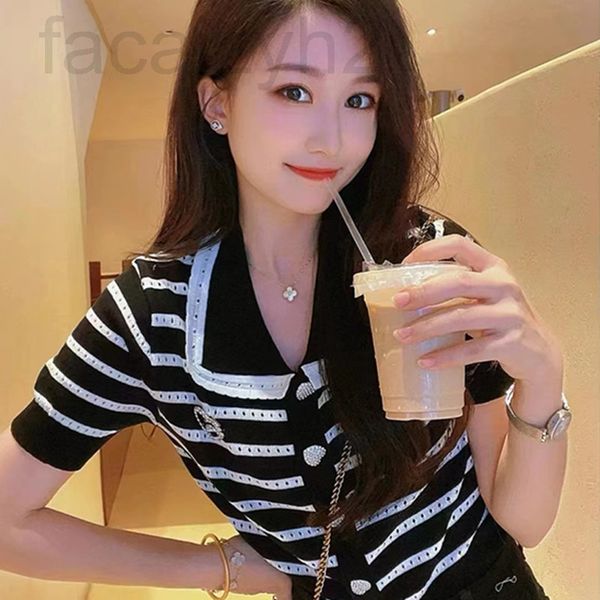 women's knits & tees designer 22 summer new style small fragrance polo single breasted striped knitted cardigan for women bec1, White
women's knits & tees designer 22 summer new style small fragrance polo single breasted striped knitted cardigan for women bec1, White