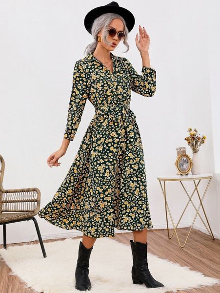 floral print collared belted dress c7sl#, Black;gray