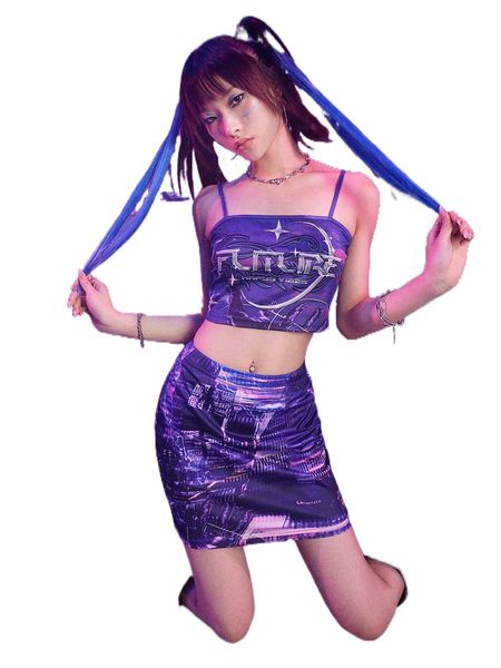 romwe cyber luvr letter graphic crop cami & skirt g089#, White