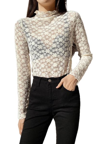 dazy lettuce trim mock neck lace tee l5pb#, White
dazy lettuce trim mock neck lace tee l5pb#, White