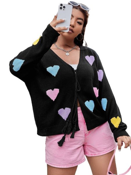 plus heart pattern tassel tie front cardigan e6gm#, Black
plus heart pattern tassel tie front cardigan e6gm#, Black