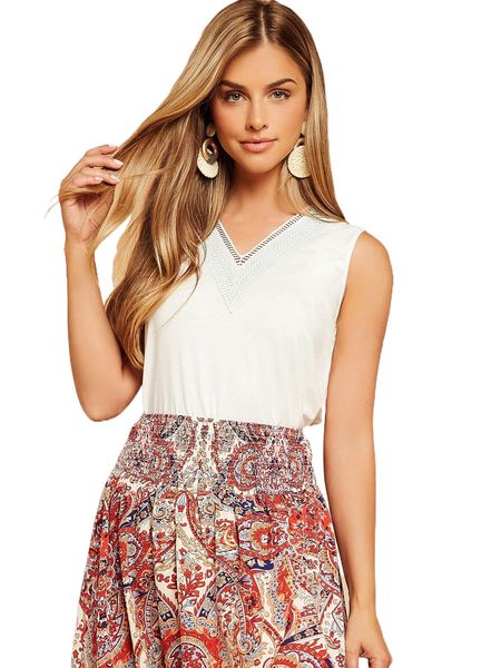 lace panel v neck tank c3p0#, White