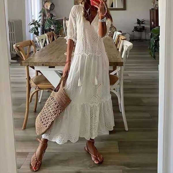 white maxi summer dress elegant short sleeve hollow out bohemian dresses for women loose fit v neck sundress vestidos, Black;gray
white maxi summer dress elegant short sleeve hollow out bohemian dresses for women loose fit v neck sundress vestidos, Black;gray