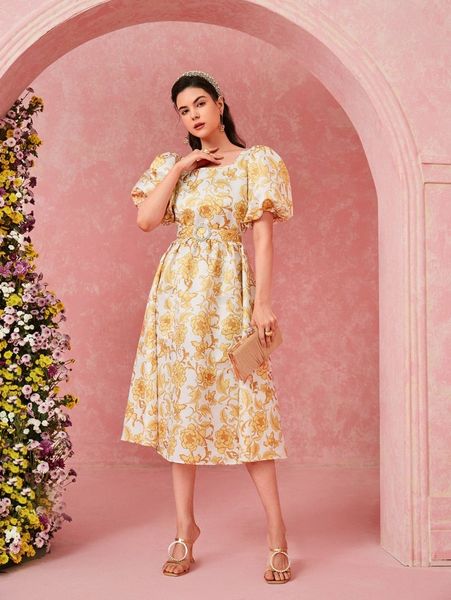 square neck allover floral print puff sleeve rhinestone belted dress r7uq#, Black;gray
square neck allover floral print puff sleeve rhinestone belted dress r7uq#, Black;gray