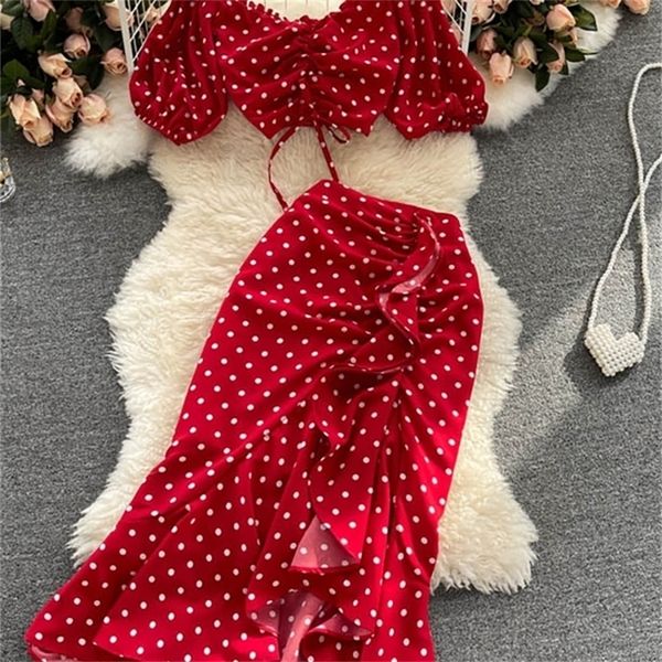 women red/purple/black polka dot two piece set summer ruffle short drawstring + high waist irregular skirt 2pcs suit 220509, White 
women red/purple/black polka dot two piece set summer ruffle short drawstring + high waist irregular skirt 2pcs suit 220509, White