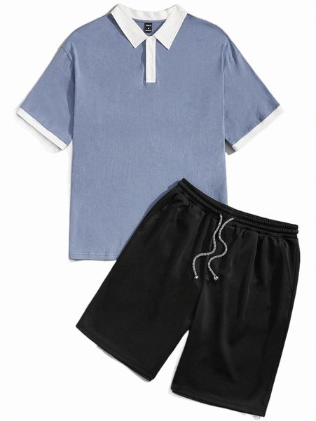 men colorblock contrast binding polo neck tee & track shorts z4g0#, Gray 
men colorblock contrast binding polo neck tee & track shorts z4g0#, Gray