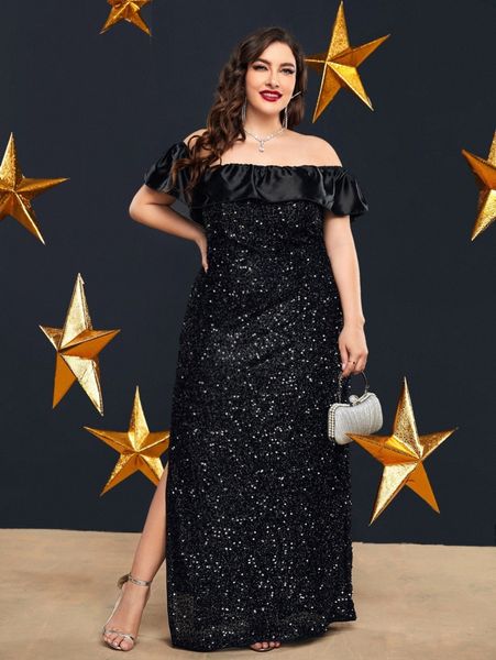 plus off shoulder ruffle trim slit hem sequin prom dress z0rf#, Black
plus off shoulder ruffle trim slit hem sequin prom dress z0rf#, Black