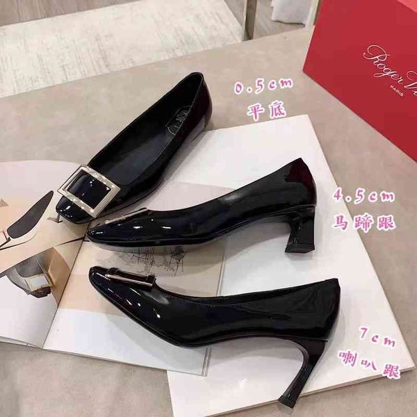 square buckle thick heel shoes spring middle boat women's wedding patent leather banana head red high, Black
square buckle thick heel shoes spring middle boat women's wedding patent leather banana head red high, Black