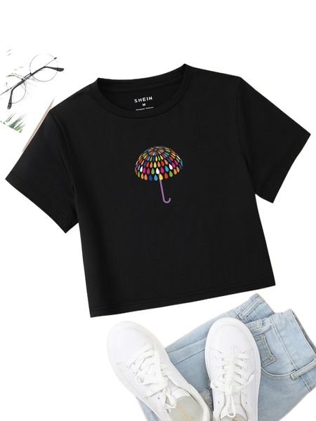 umbrella print round neck tee b1gs#, White 
umbrella print round neck tee b1gs#, White
