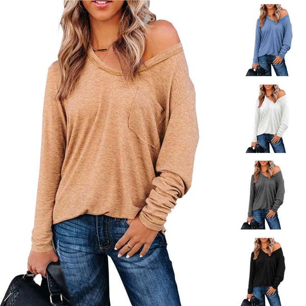 women's t-shirt solid color long sleeve t-shirt autumn women's wear v collar pocket casual women 82jd, White
women's t-shirt solid color long sleeve t-shirt autumn women's wear v collar pocket casual women 82jd, White