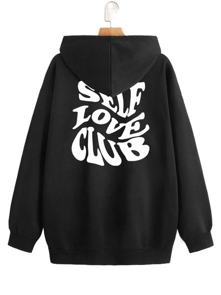 slogan graphic drawstring kangaroo pocket thermal hoodie c4fc#, Black