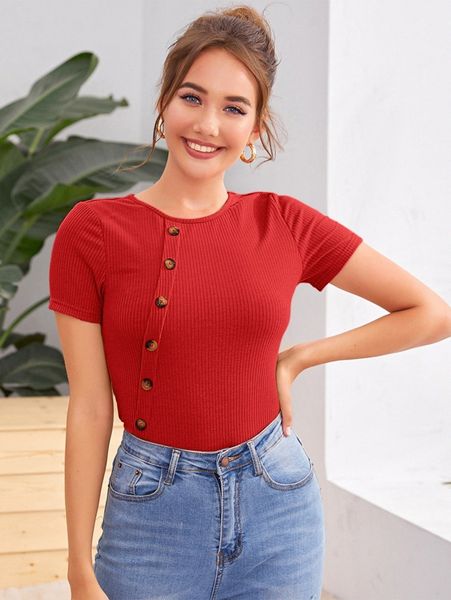 button detail rib-knit slim tee u6tr#, White