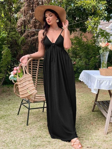 tie back knot shoulder maxi cami dress i3n7#, Black;gray