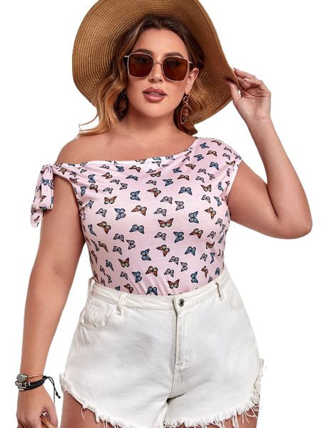 plus allover butterfly print knot detail tee v181#, Black 
plus allover butterfly print knot detail tee v181#, Black