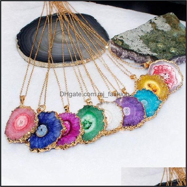 pendant necklaces pendants jewelry original crystal sunflower natural stone agate slice brass gold plated women necklace drop delivery 202, Silver