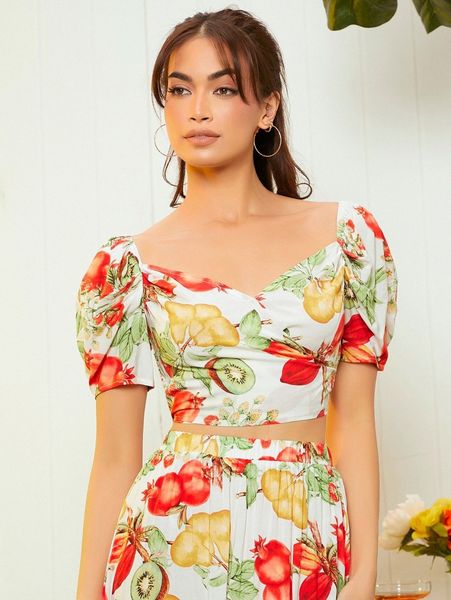 floral print puff sleeve m8j6#, White