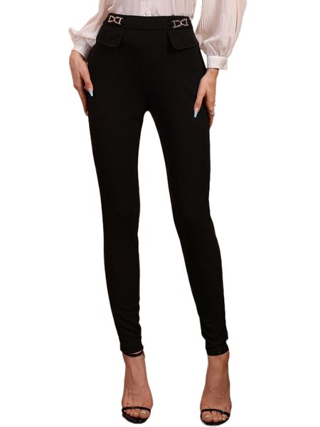 metal decor flap detail skinny pants u8mk#, Black;white