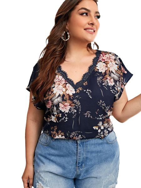 plus lace trim floral 04lf#, Black