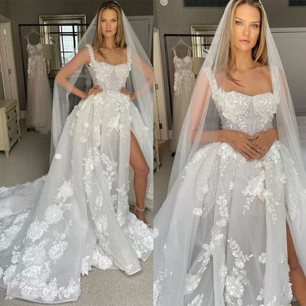 2022 gorgeous wedding dresses bridal gown with 3d floral lace applique straps side slit tulle sweep train scoop neck tulle custom made vesti, White
2022 gorgeous wedding dresses bridal gown with 3d floral lace applique straps side slit tulle sweep train scoop neck tulle custom made vesti, White