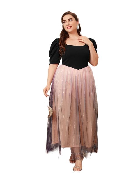 plus 1pc sequin mesh overlay puff sleeve dress k5xw#, Black 
plus 1pc sequin mesh overlay puff sleeve dress k5xw#, Black