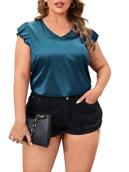 plus v-neck butterfly sleeve satin blouse 45e2#, Black