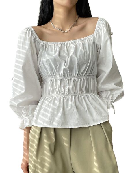 dazy square neck ruffle trim peplum blouse w6pd#, White