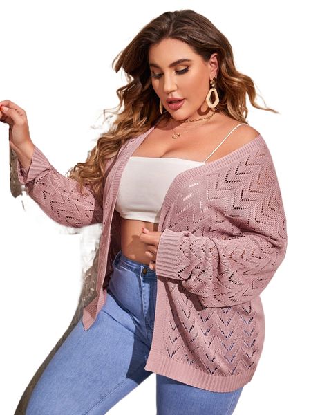 plus drop shoulder pointelle knit duster cardigan n3b5#, Black 
plus drop shoulder pointelle knit duster cardigan n3b5#, Black