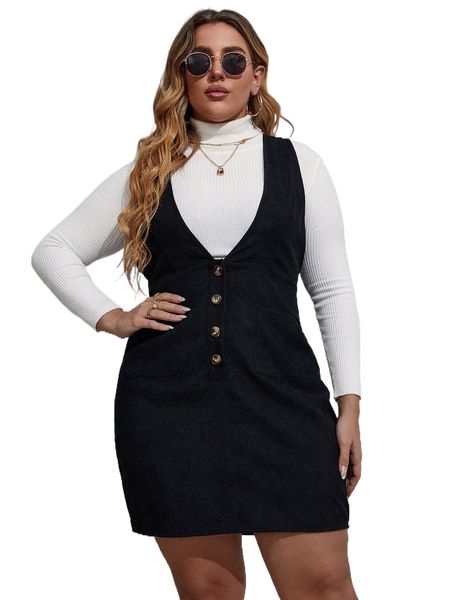 plus single breasted dual pocket overall dress without sweater s2lv#, Black 
plus single breasted dual pocket overall dress without sweater s2lv#, Black