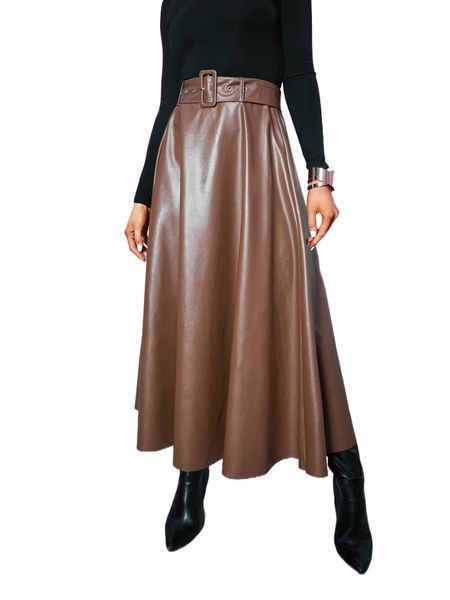 solid belted pu leather flared skirt o1lh#, Black
