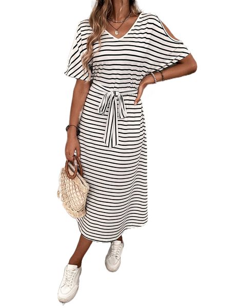 striped cold shoulder batwing sleeve belted dress v6xg#, Black;gray
striped cold shoulder batwing sleeve belted dress v6xg#, Black;gray