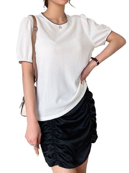 dazy contrast binding puff sleeve tee x1ha#, White
dazy contrast binding puff sleeve tee x1ha#, White